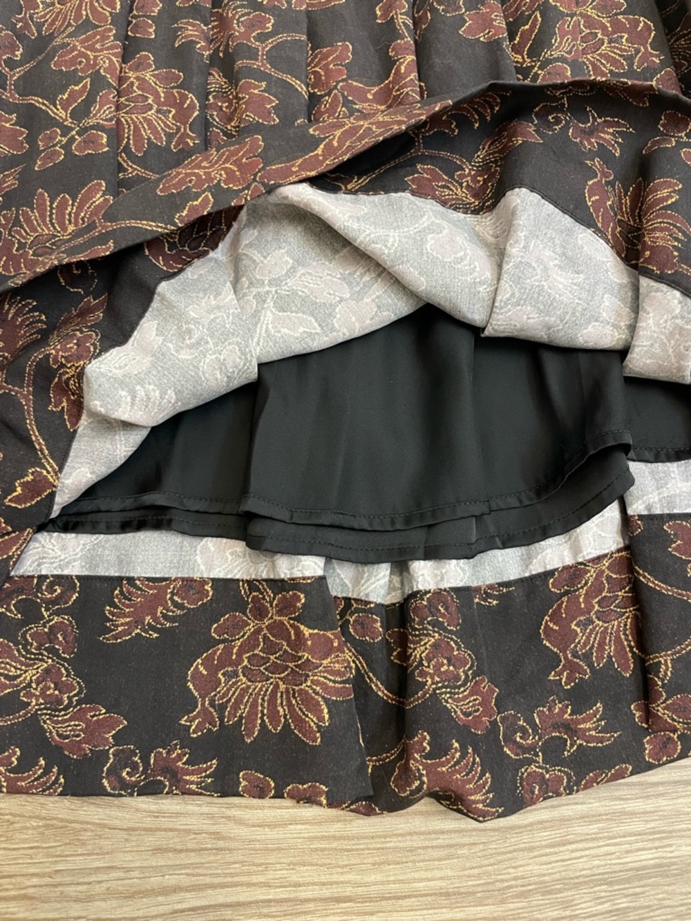 Peruvian Connection Black & Brown Floral Asymmetrical Pleated Midi Skirt - Picture 10 of 11